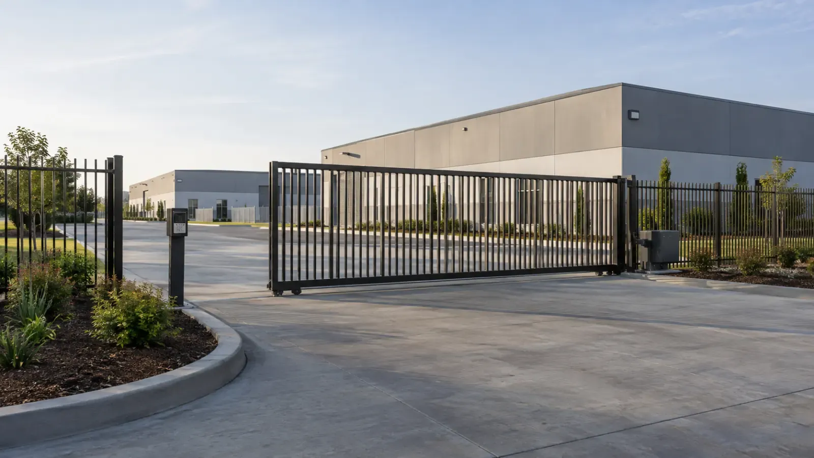 A powered slide gate across a commercial property entrance, with the operator mounted beside the track.