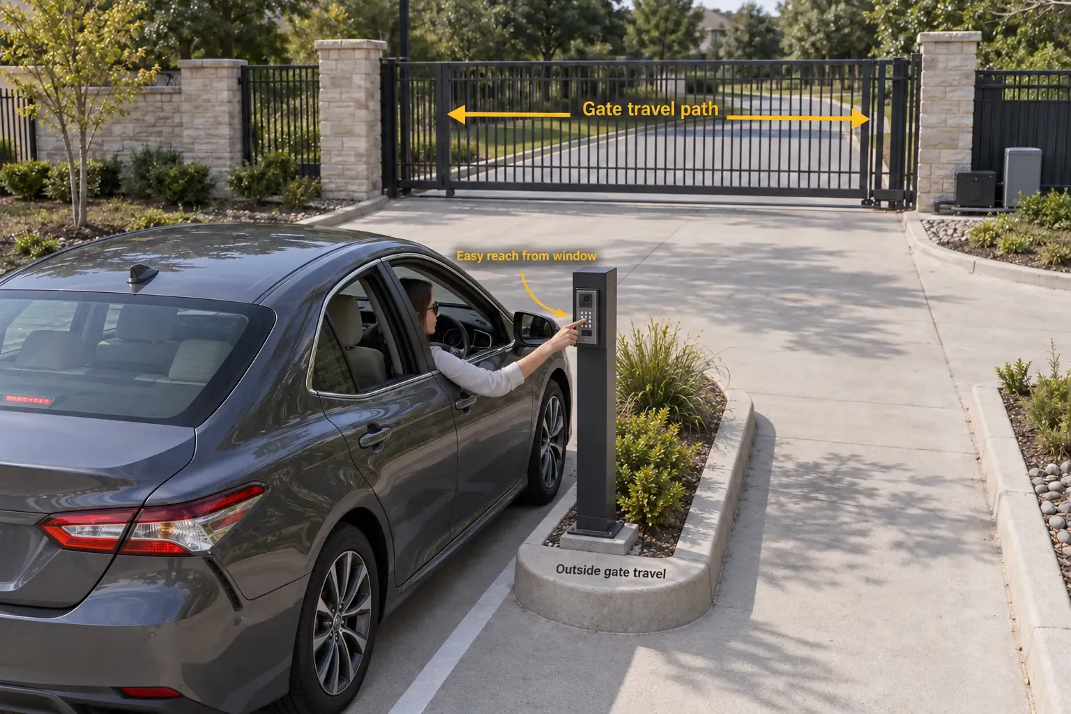An entry pedestal set at a driveway gate, positioned within reach of a driver’s window and clear of the gate’s travel path.