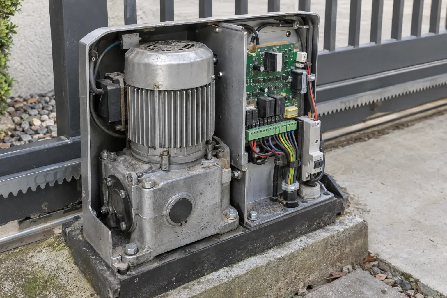 A gate operator with its cover removed, showing the motor, gearbox and control board sharing one enclosure.