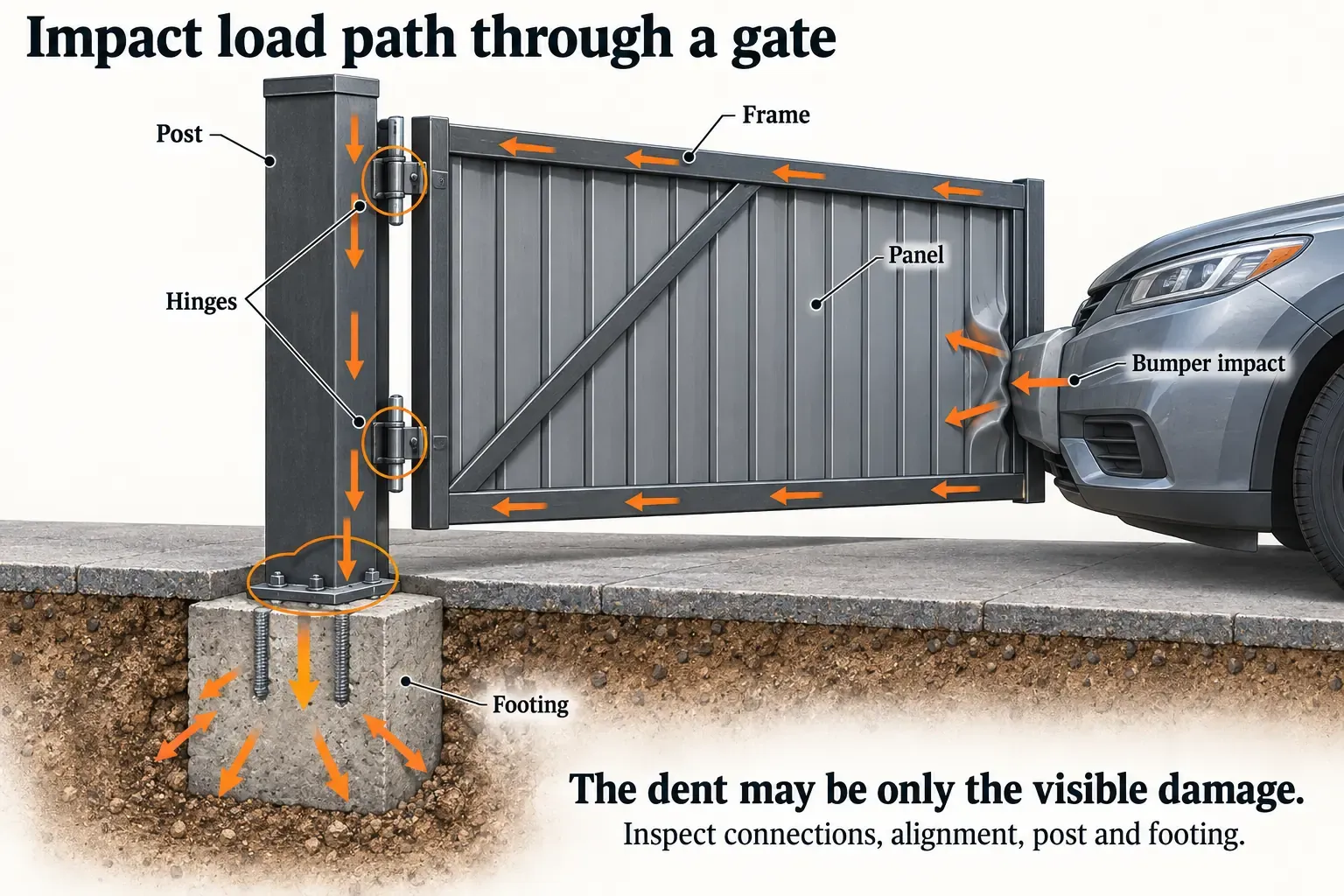 A diagram of how vehicle impact travels through a gate: from the struck panel into the frame, then to the hinge or roller and down into the post and footing.