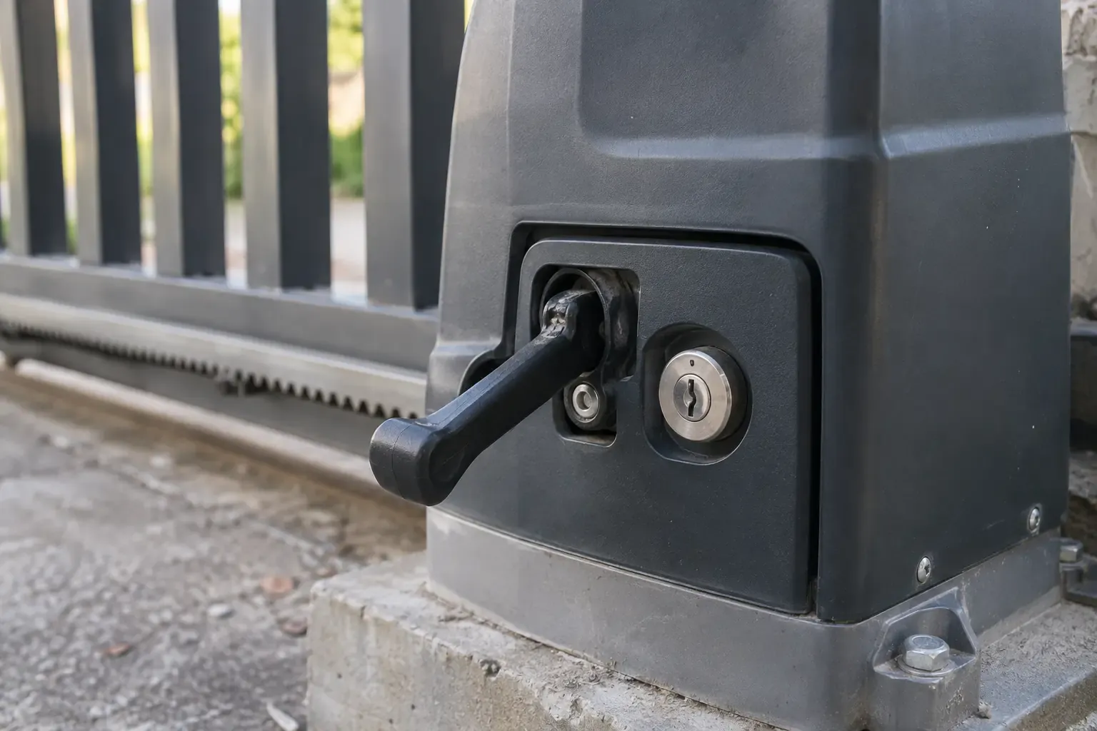 The manual release lever on a gate operator, shown in the disengaged position with the linkage to the drive visible.