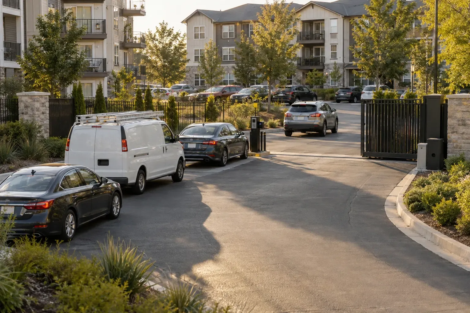 A multifamily vehicle entrance during a busy arrival period, with several vehicles queued to pass through a single gated opening.