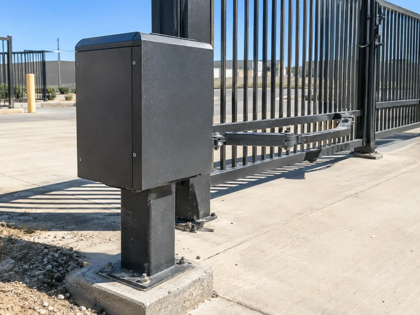 A pedestal-mounted gate operator standing in full sun with no shade over the enclosure.