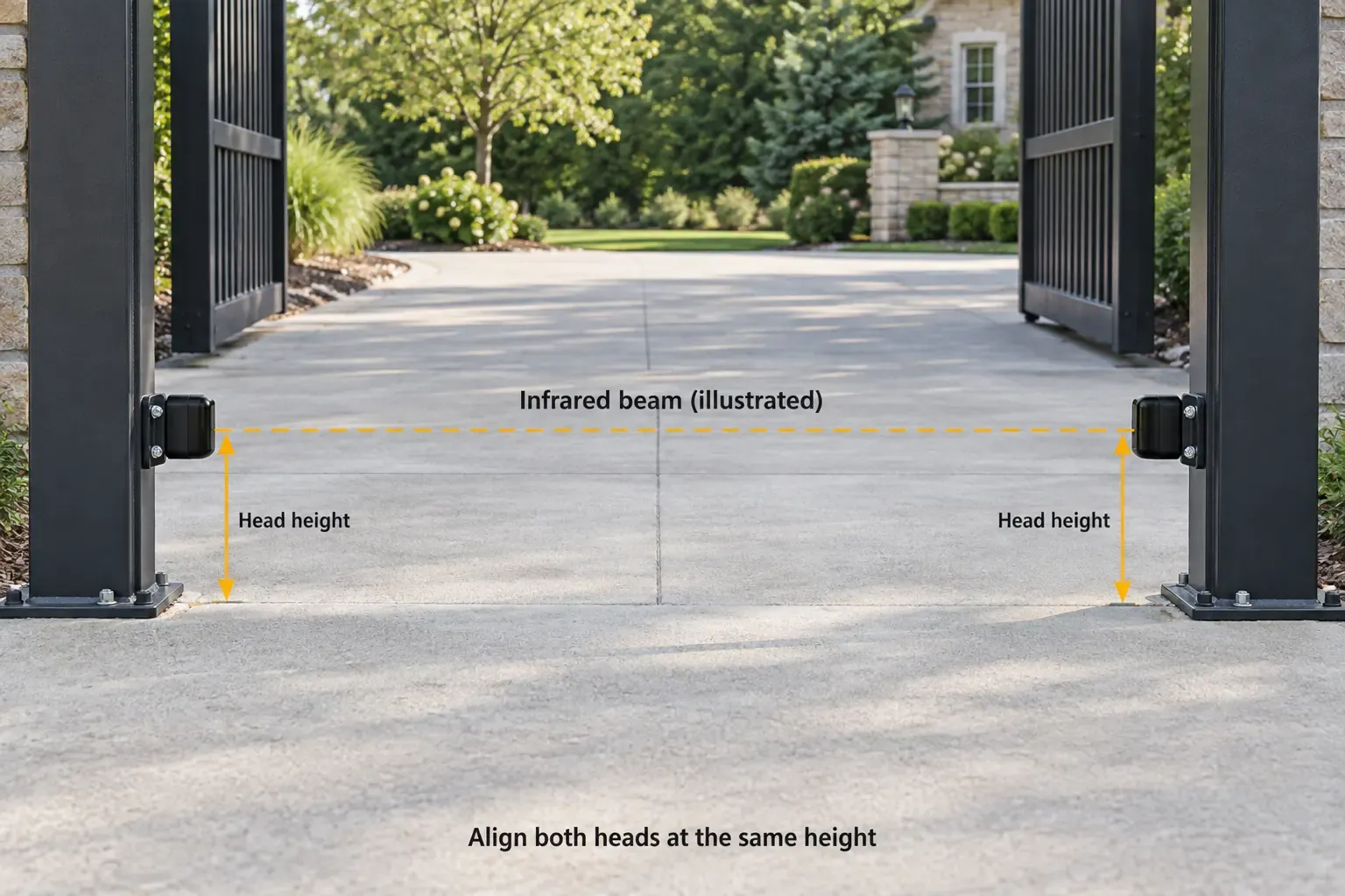 A photo-eye pair mounted either side of a driveway gate opening, showing the beam line across the opening and the matching height of the two heads.