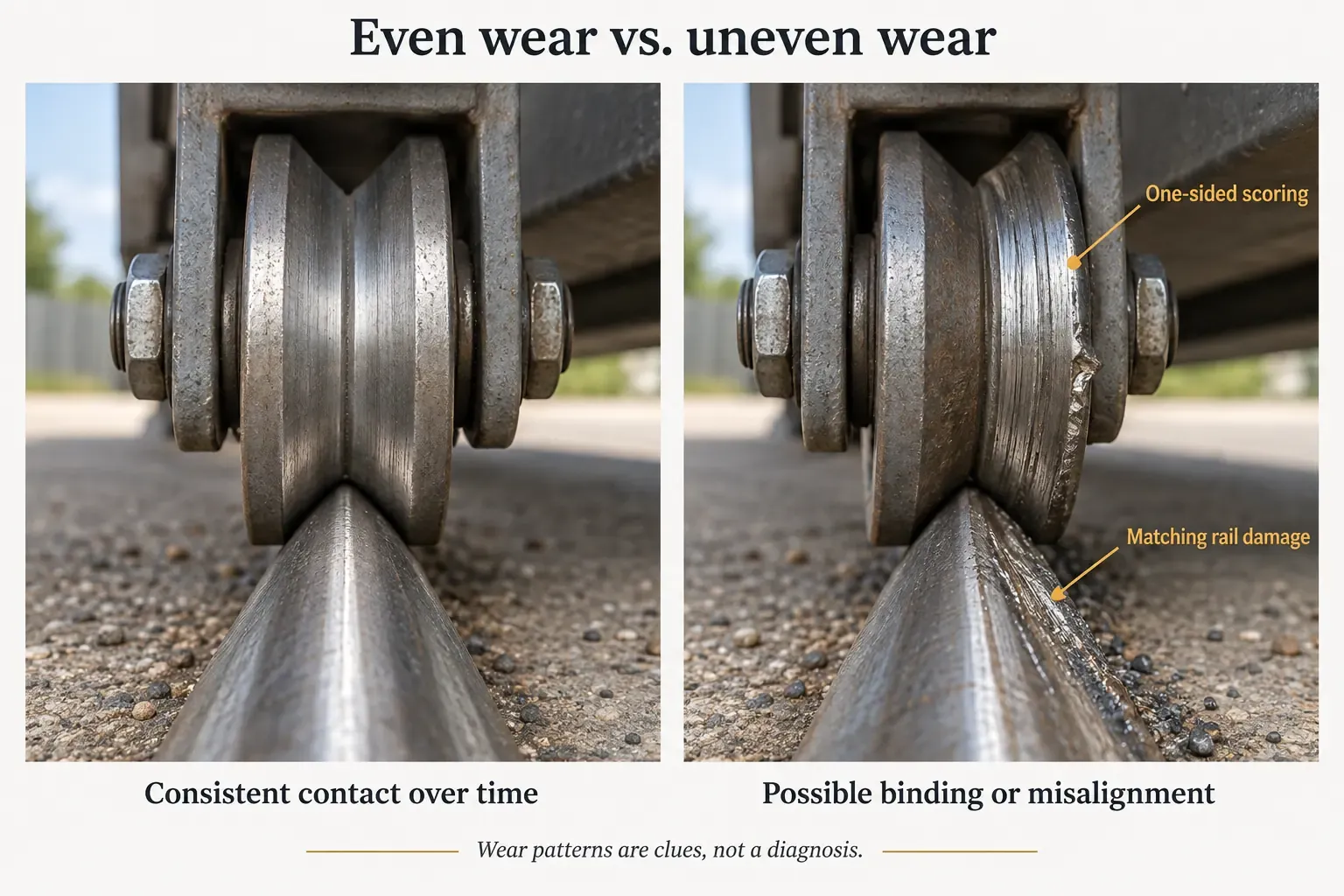 A slide gate roller and track showing uneven wear, with material removed from one side of the contact face rather than evenly around it.