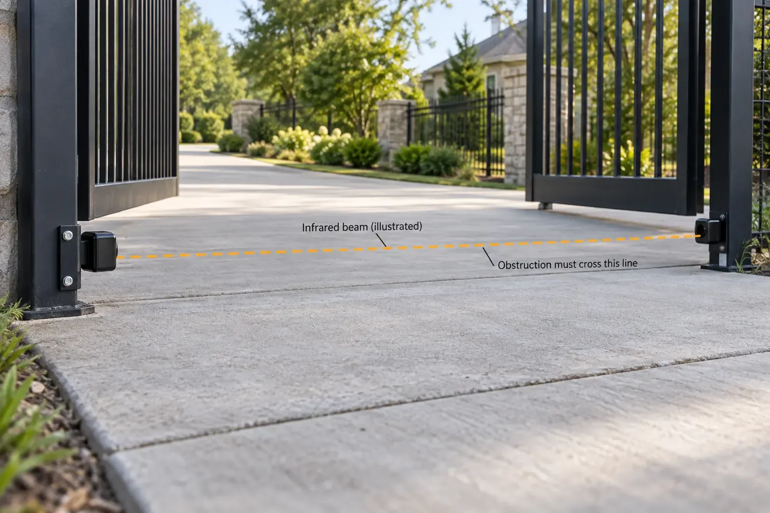 A photo-eye pair mounted low on either side of a driveway gate, with the beam line running a few inches above the ground across the opening.