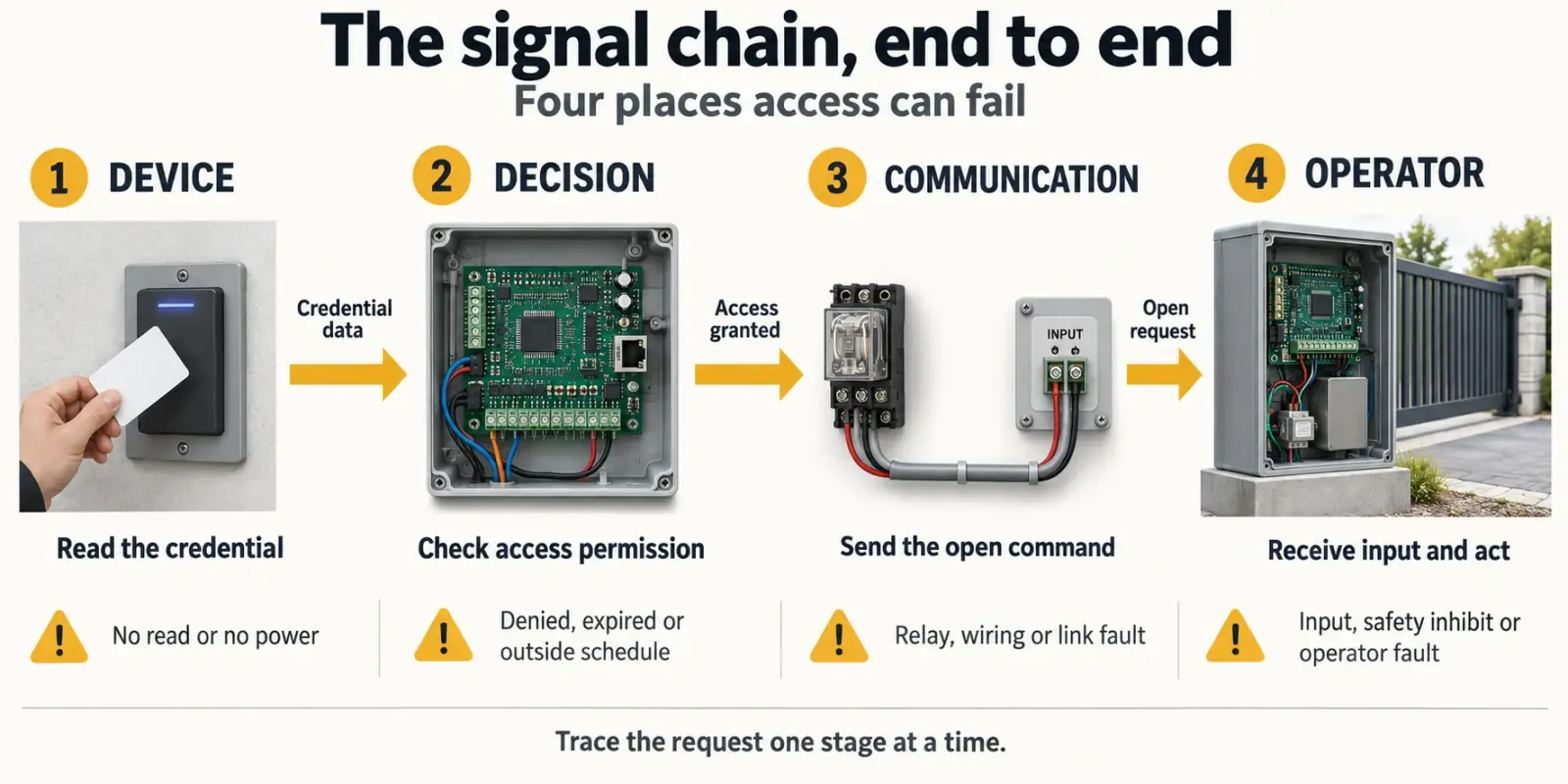 A diagram of the access control signal chain from credential device to operator input, marking the four points where the chain can break.