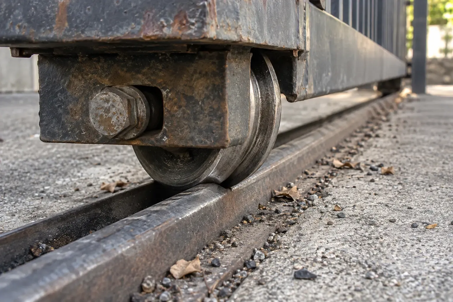 A v-groove slide gate roller seated in its track, showing the worn contact face and debris packed into the channel.